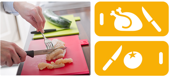 Snijd vlees, vis en groenten op aparte snijplanken. Houd gare en rauwe producten gescheiden om kruisbesmetting te voorkomen.
